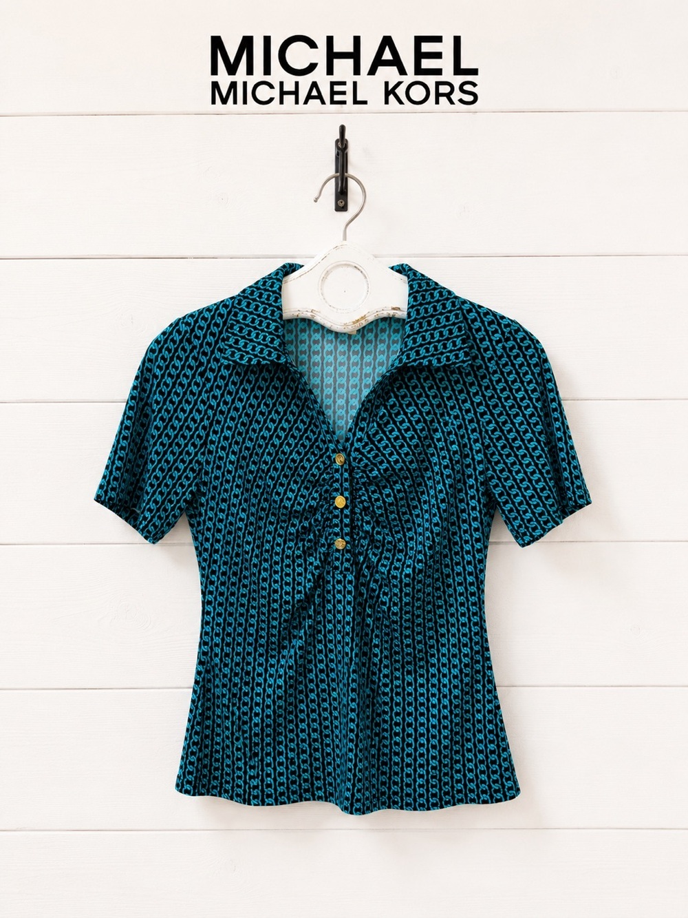 MICHAEL MICHAEL KORS Teal & Black Chain Print Top Size XS